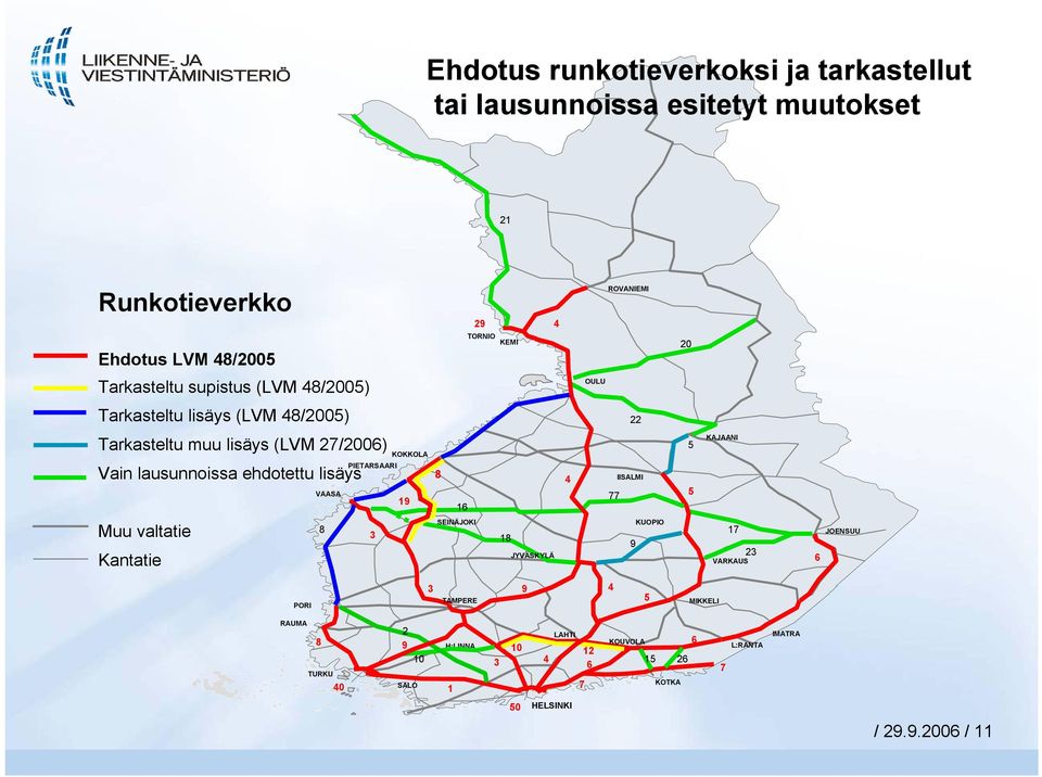 lisäys VAASA PIETARSAARI KOKKOLA 19 8 16 77 IISALMI 5 5 KAJAANI Muu valtatie Kantatie 8 3 SEINÄJOKI 18 JYVÄSKYLÄ 9 KUOPIO 17 VARKAUS 23 6