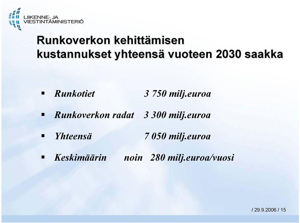 euroa Runkoverkon radat 3 300 milj.