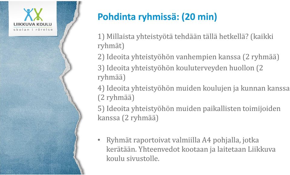 (2 ryhmää) 4) Ideoita yhteistyöhön muiden koulujen ja kunnan kanssa (2 ryhmää) 5) Ideoita yhteistyöhön muiden