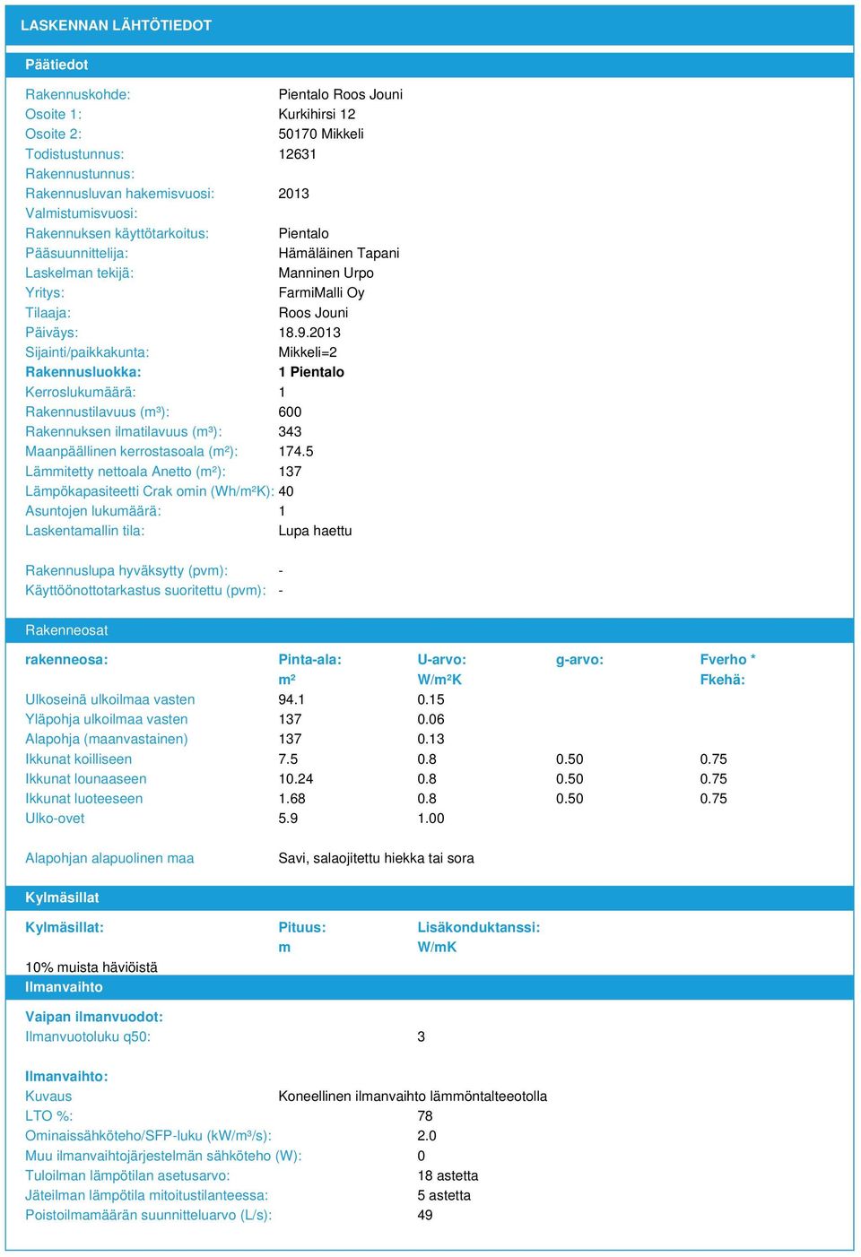 Sijainti/paikkakunta: Mikkeli= Rakennusluokka: Pientalo Kerroslukumäärä: Rakennustilavuus (m³): 6 Rakennuksen ilmatilavuus (m³): 4 Maanpäällinen kerrostasoala (m²): 74.