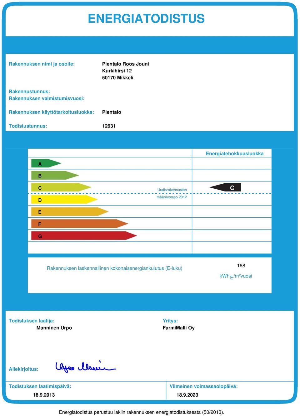 G Rakennuksen laskennallinen kokonaisenergiankulutus (Eluku) 68 kwh /m²vuosi E Todistuksen laatija: Manninen Urpo Yritys: FarmiMalli Oy