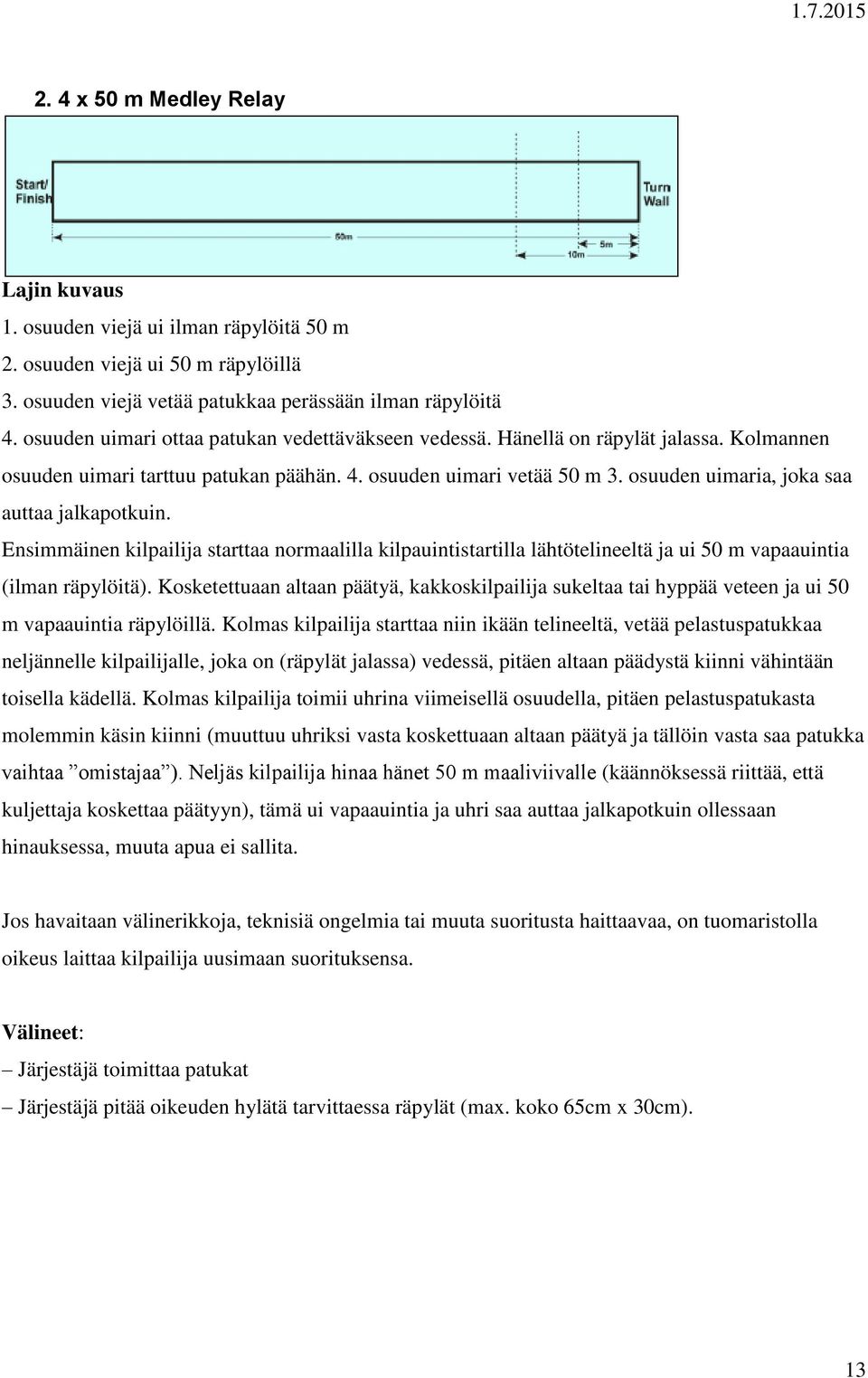 osuuden uimaria, joka saa auttaa jalkapotkuin. Ensimmäinen kilpailija starttaa normaalilla kilpauintistartilla lähtötelineeltä ja ui 50 m vapaauintia (ilman räpylöitä).