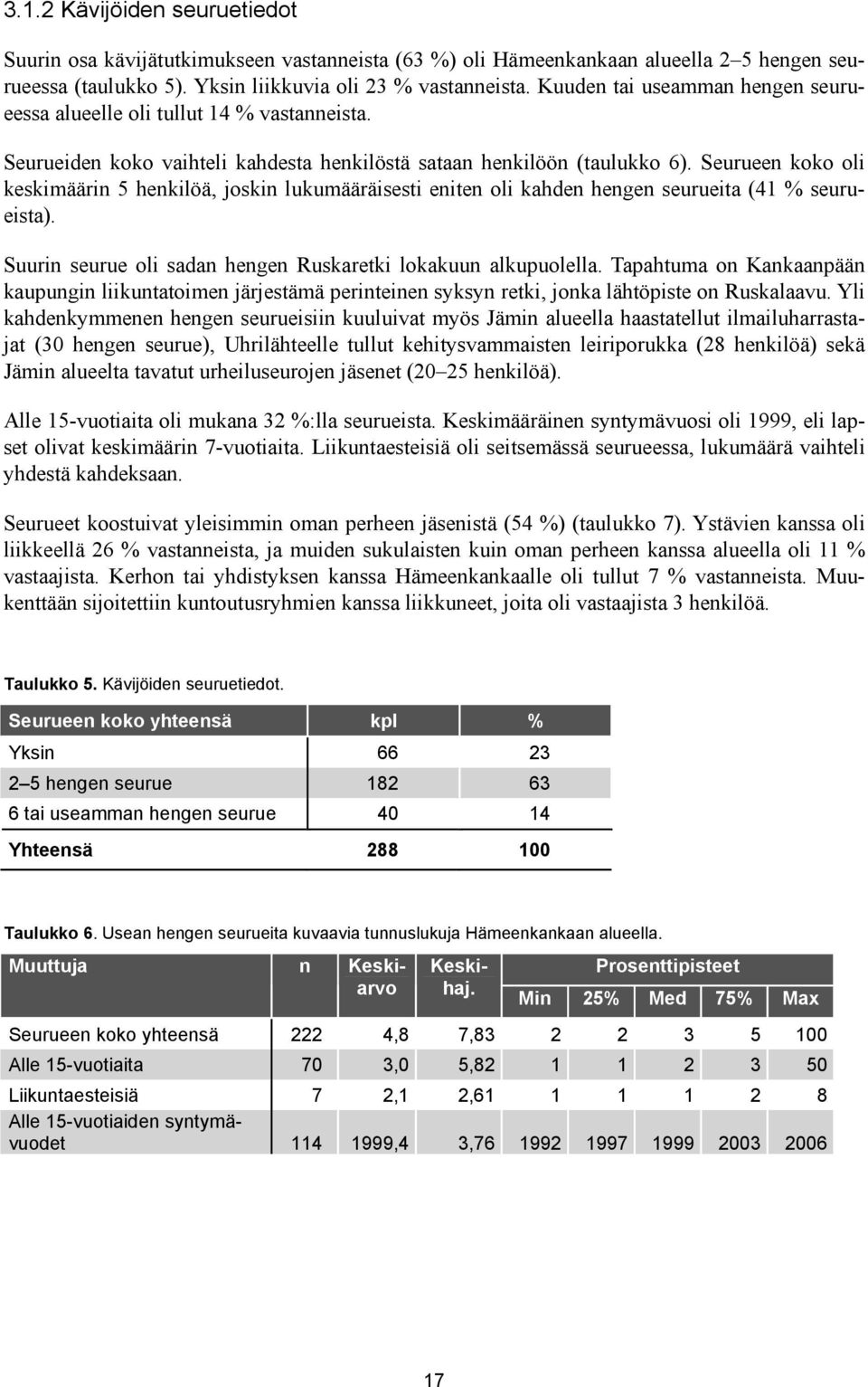 Seurueen koko oli keskimäärin 5 henkilöä, joskin lukumääräisesti eniten oli kahden hengen seurueita (41 % seurueista). Suurin seurue oli sadan hengen Ruskaretki lokakuun alkupuolella.