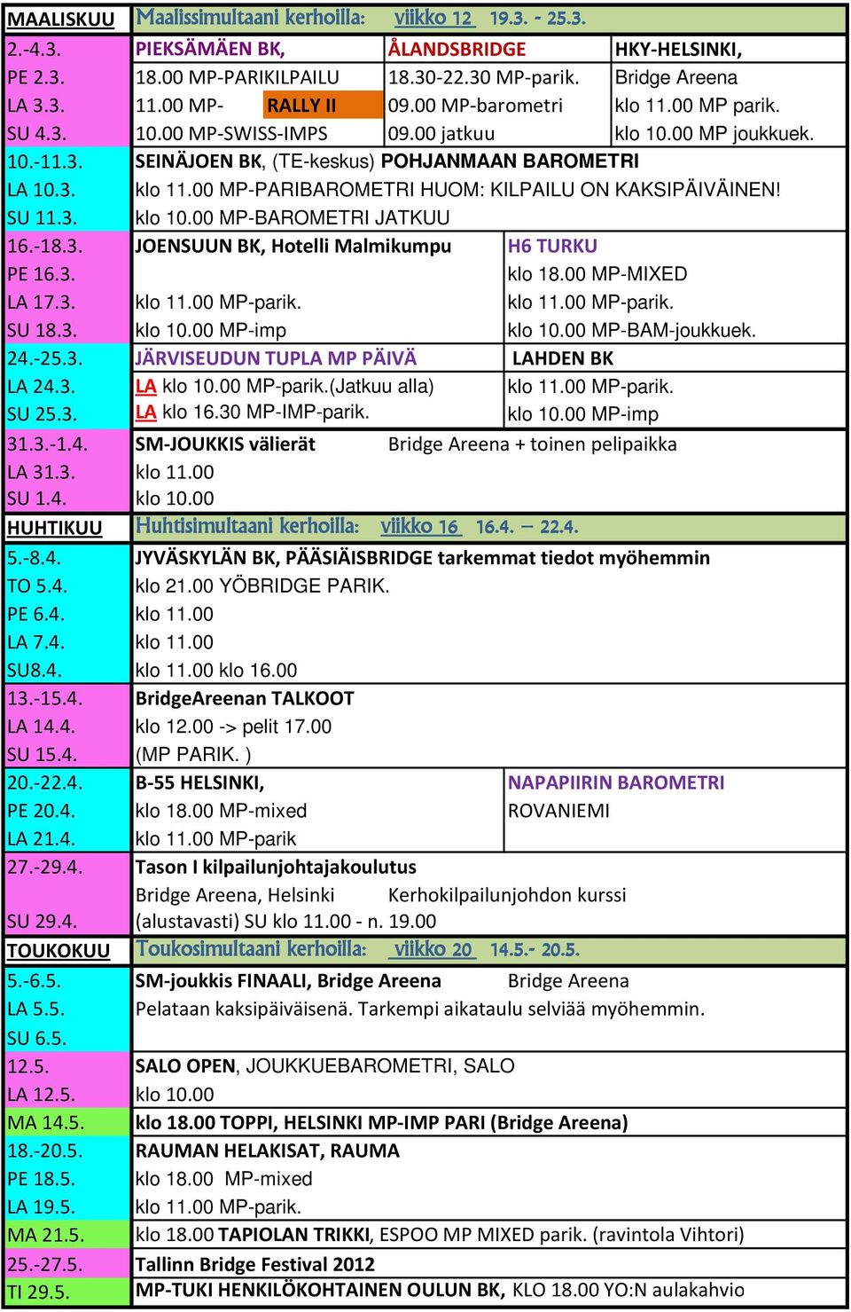 SU 11.3. klo 10.00 MP-BAROMETRI JATKUU 16.-18.3. JOENSUUN BK, Hotelli Malmikumpu H6 TURKU PE 16.3. klo 18.00 MP-MIXED LA 17.3. klo 11.00 MP-parik. klo 11.00 MP-parik. SU 18.3. klo 10.00 MP-imp klo 10.