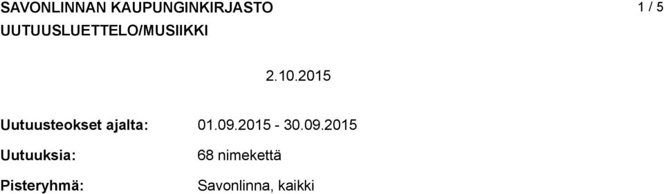 2015 Uutuusteokset ajalta: Uutuuksia: