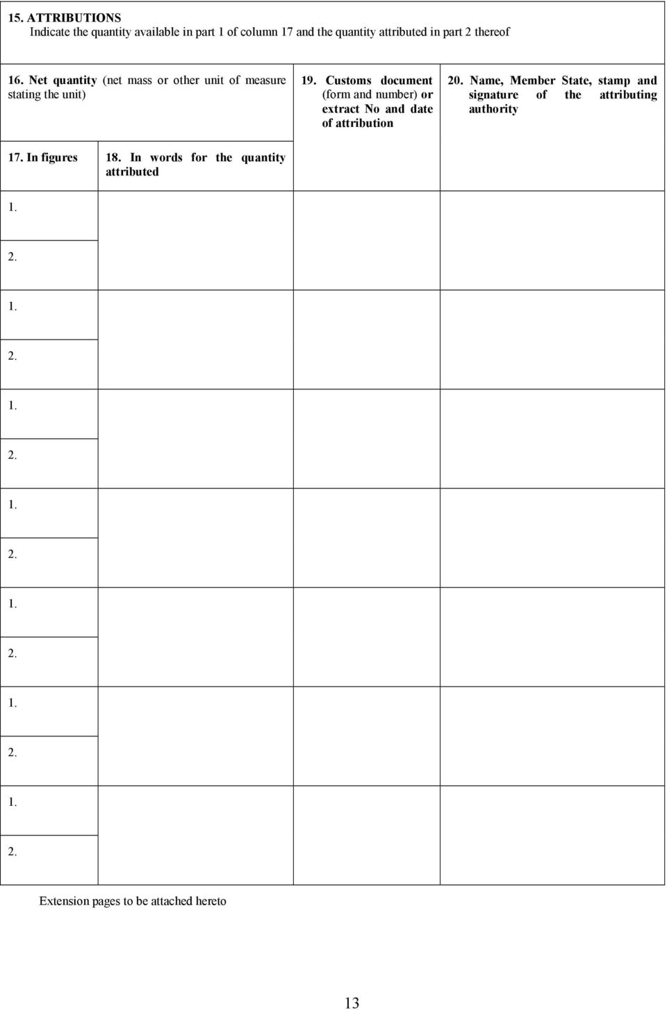Customs document (form and number) or extract No and date of attribution 20.