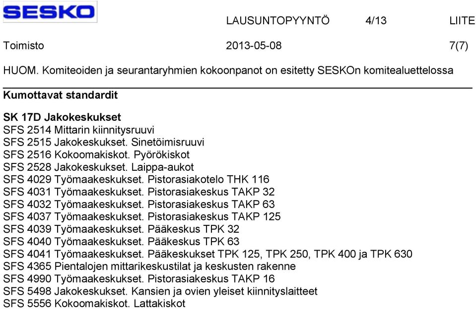 Pistorasiakeskus TAKP 63 SFS 4037 Työmaakeskukset. Pistorasiakeskus TAKP 125 SFS 4039 Työmaakeskukset. Pääkeskus TPK 32 SFS 4040 Työmaakeskukset. Pääkeskus TPK 63 SFS 4041 Työmaakeskukset.