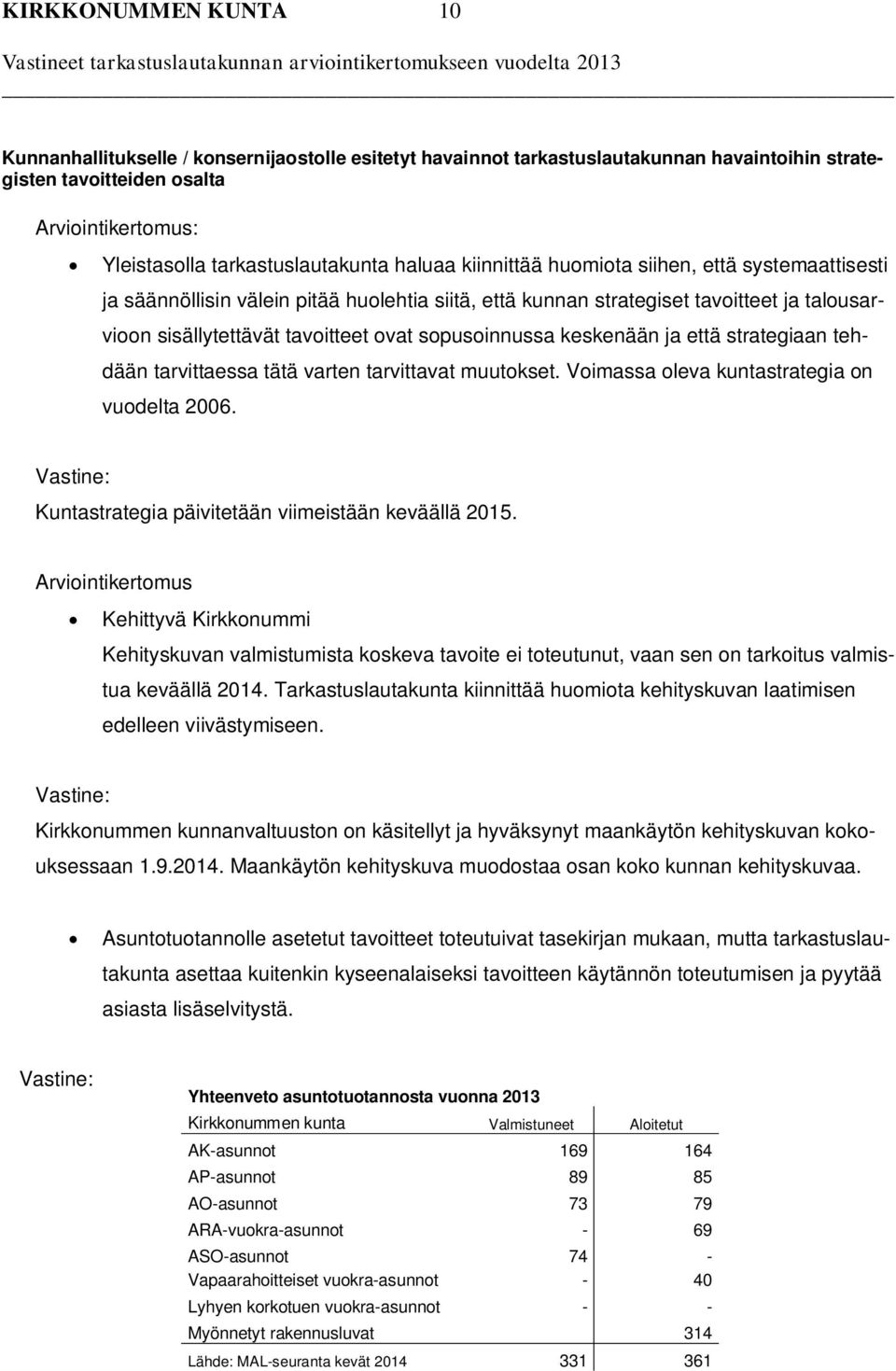 että strategiaan tehdään tarvittaessa tätä varten tarvittavat muutokset. Voimassa oleva kuntastrategia on vuodelta 2006. Vastine: Kuntastrategia päivitetään viimeistään keväällä 2015.