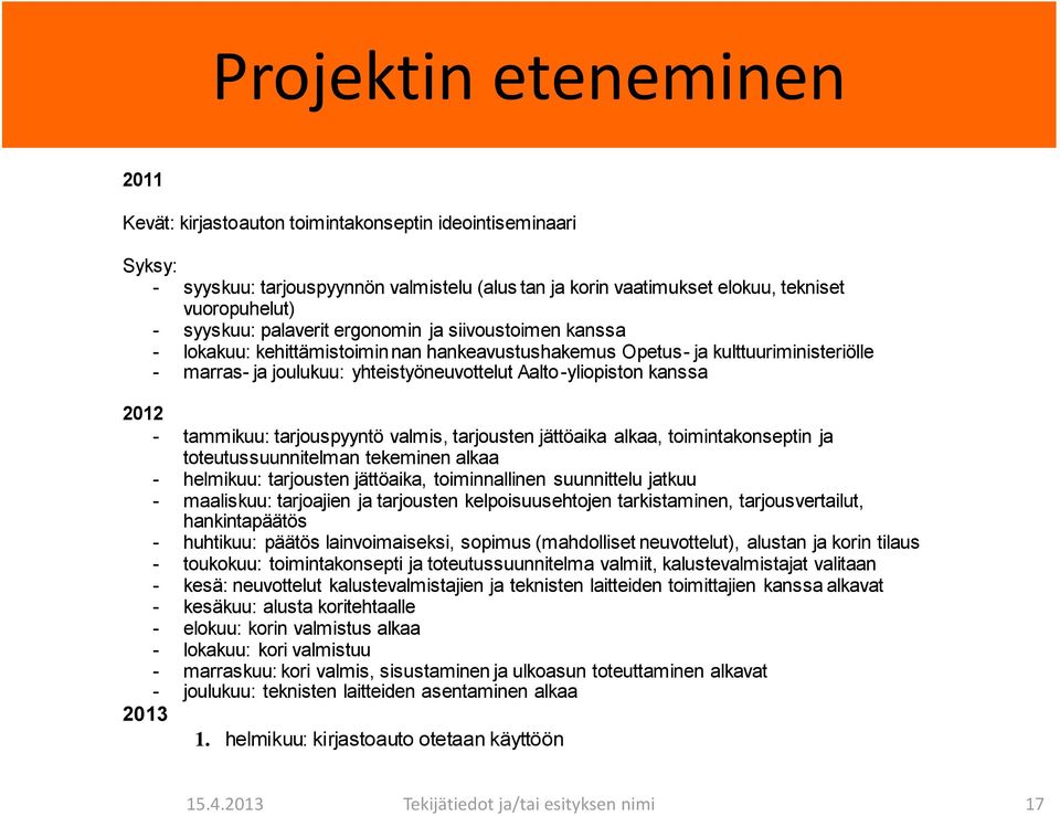 2012 - tammikuu: tarjouspyyntö valmis, tarjousten jättöaika alkaa, toimintakonseptin ja toteutussuunnitelman tekeminen alkaa - helmikuu: tarjousten jättöaika, toiminnallinen suunnittelu jatkuu -