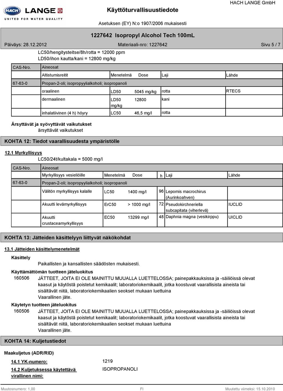 Lähde LD50 5045 mg/kg rotta RTECS LD50 12800 mg/kg kani inhalatiivinen (4 h) höyry LC50 46,5 mg/l rotta Ärsyttävät ja syövyttävät vaikutukset ärsyttävät vaikutukset KOHTA 12: Tiedot vaarallisuudesta