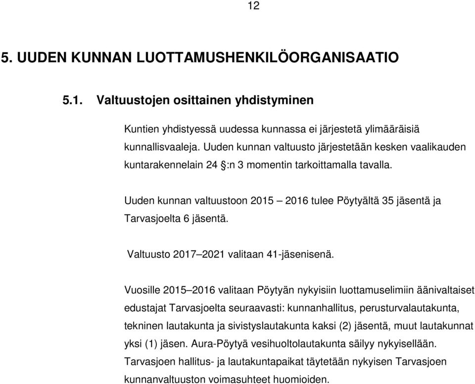 Uuden kunnan valtuustoon 2015 2016 tulee Pöytyältä 35 jäsentä ja Tarvasjoelta 6 jäsentä. Valtuusto 2017 2021 valitaan 41-jäsenisenä.