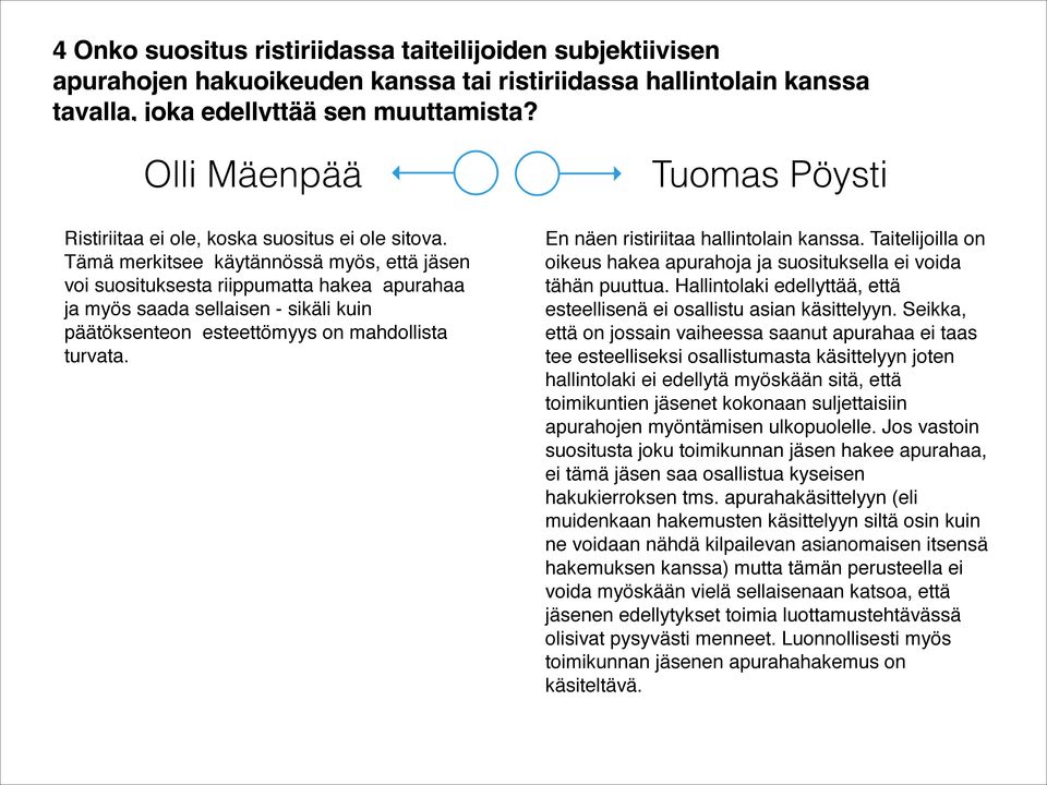 Tämä merkitsee käytännössä myös, että jäsen voi suosituksesta riippumatta hakea apurahaa ja myös saada sellaisen - sikäli kuin päätöksenteon esteettömyys on mahdollista turvata.