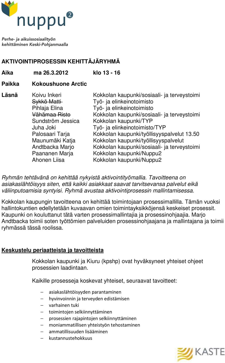 Kokkolan kaupunki/sosiaali- ja terveystoimi Sundström Jessica Kokkolan kaupunki/typ Juha Joki Työ- ja elinkeinotoimisto/typ Palosaari Tarja Kokkolan kaupunki/työllisyyspalvelut 13.