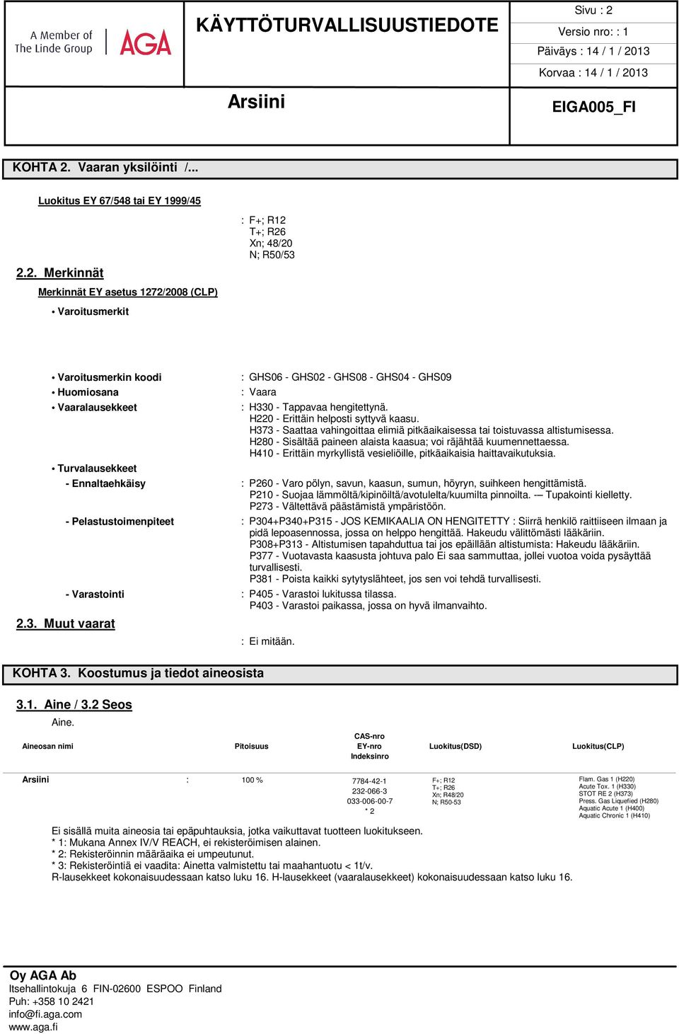 H373 - Saattaa vahingoittaa elimiä pitkäaikaisessa tai toistuvassa altistumisessa. H280 - Sisältää paineen alaista kaasua; voi räjähtää kuumennettaessa.