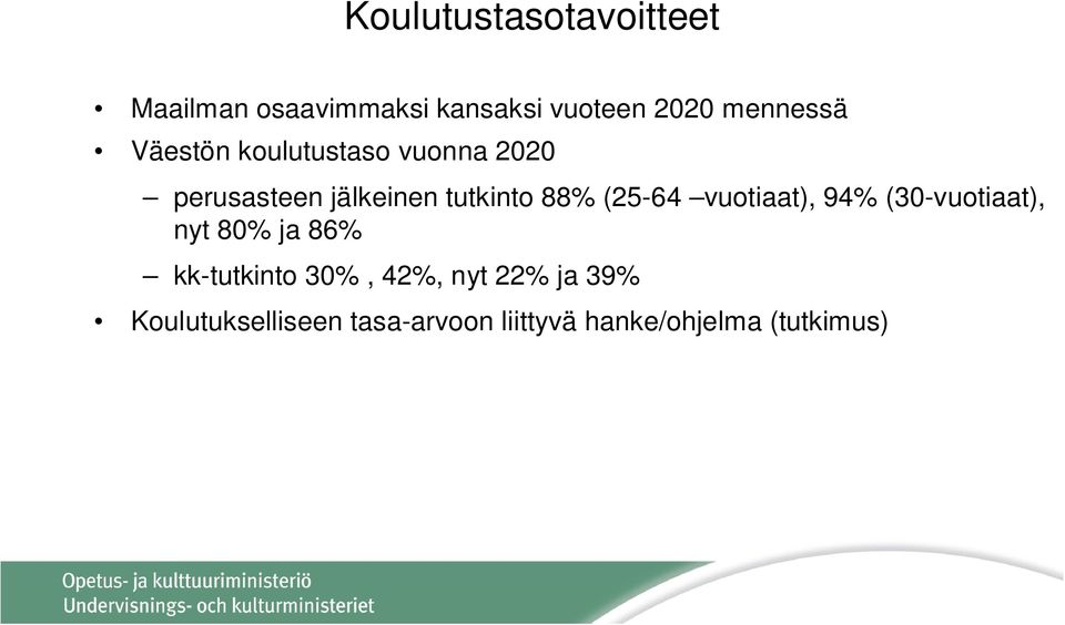 88% (25-64 vuotiaat), 94% (30-vuotiaat), nyt 80% ja 86% kk-tutkinto 30%,