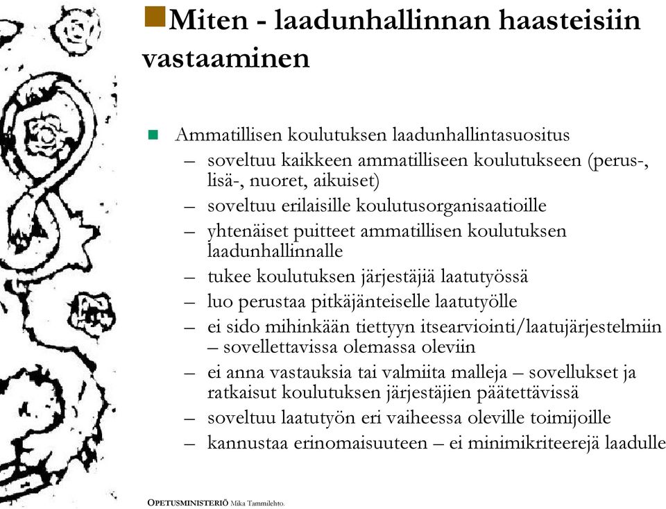 perustaa pitkäjänteiselle laatutyölle ei sido mihinkään tiettyyn itsearviointi/laatujärjestelmiin sovellettavissa olemassa oleviin ei anna vastauksia tai valmiita