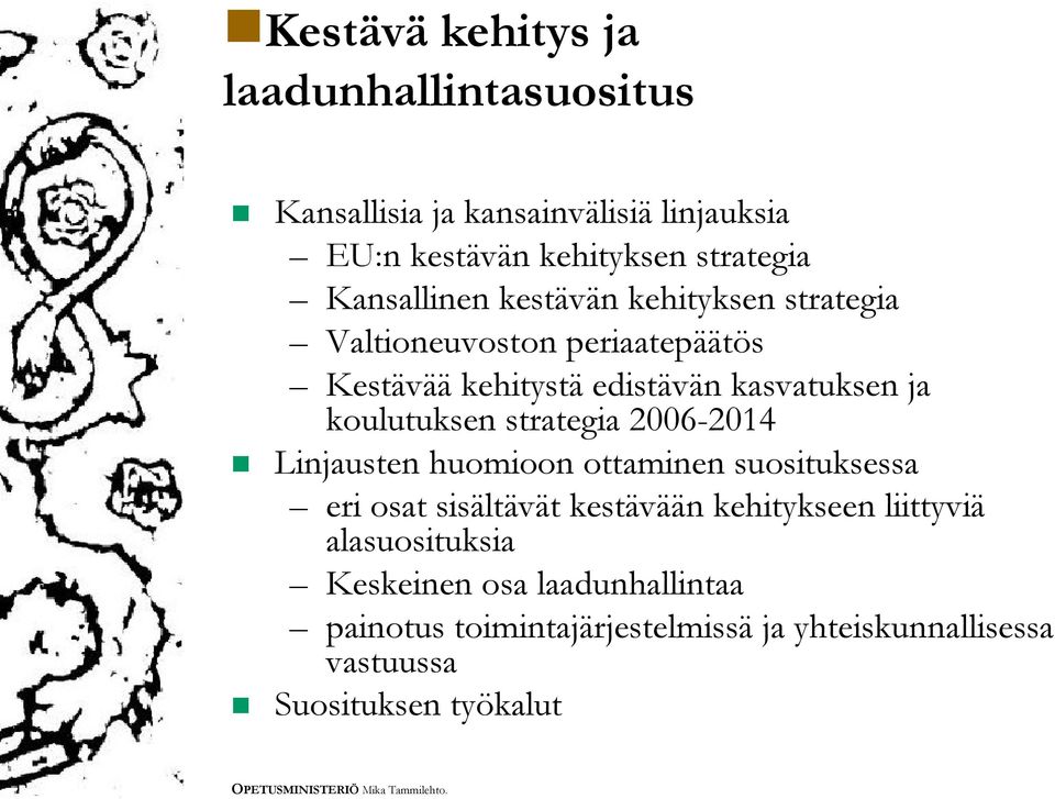 koulutuksen strategia 20062014 Linjausten huomioon ottaminen suosituksessa eri osat sisältävät kestävään kehitykseen