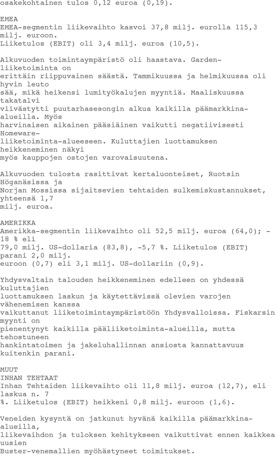Maaliskuussa takatalvi viivästytti puutarhasesongin alkua kaikilla päämarkkinaalueilla. Myös harvinaisen aikainen pääsiäinen vaikutti negatiivisesti Homewareliiketoiminta-alueeseen.