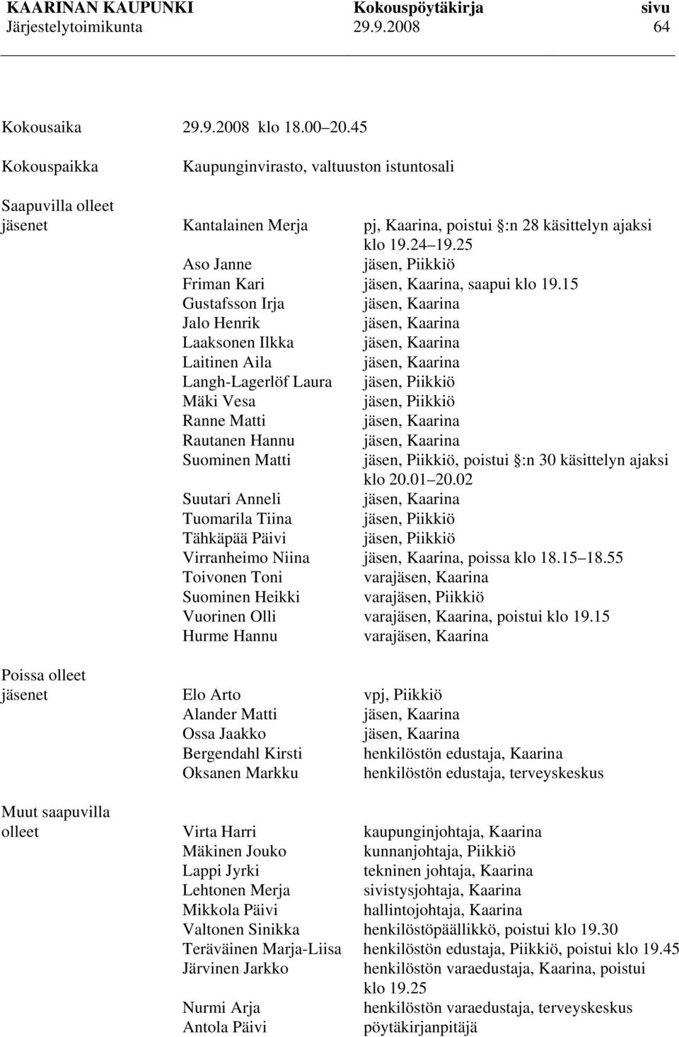 15 Gustafsson Irja jäsen, Kaarina Jalo Henrik jäsen, Kaarina Laaksonen Ilkka jäsen, Kaarina Laitinen Aila jäsen, Kaarina Langh-Lagerlöf Laura jäsen, Piikkiö Mäki Vesa jäsen, Piikkiö Ranne Matti