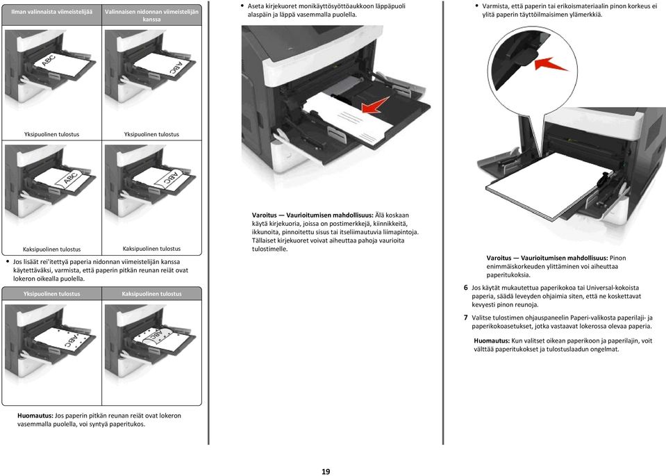 Yksipuolinen tulostus Yksipuolinen tulostus Kaksipuolinen tulostus Kaksipuolinen tulostus Jos lisäät rei'itettyä paperia nidonnan viimeistelijän kanssa käytettäväksi, varmista, että paperin pitkän