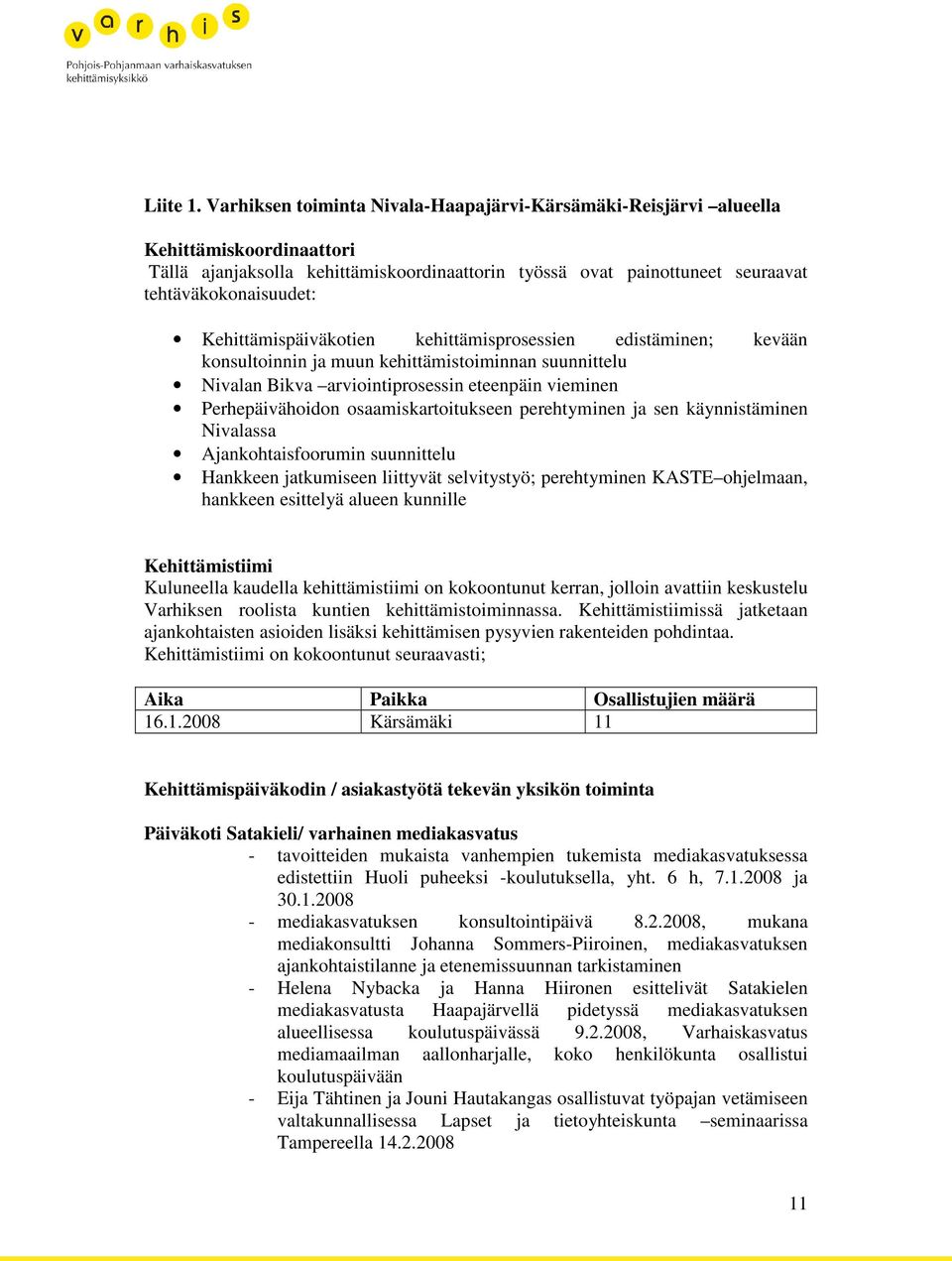 Kehittämispäiväkotien kehittämisprosessien edistäminen; kevään konsultoinnin ja muun kehittämistoiminnan suunnittelu Nivalan Bikva arviointiprosessin eteenpäin vieminen Perhepäivähoidon