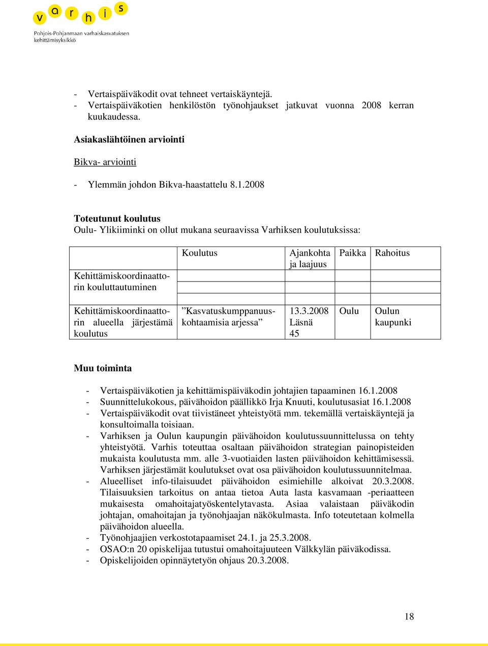 2008 Toteutunut koulutus Oulu- Ylikiiminki on ollut mukana seuraavissa Varhiksen koulutuksissa: Kehittämiskoordinaattorin kouluttautuminen Koulutus Ajankohta ja laajuus Paikka Rahoitus