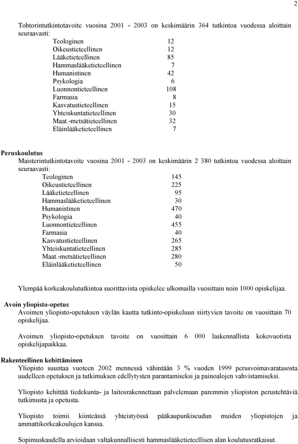 -metsätieteellinen 32 Eläinlääketieteellinen 7 Peruskoulutus Maisterintutkintotavoite vuosina 2001-2003 on keskimäärin 2 380 tutkintoa vuodessa aloittain seuraavasti: Teologinen 145