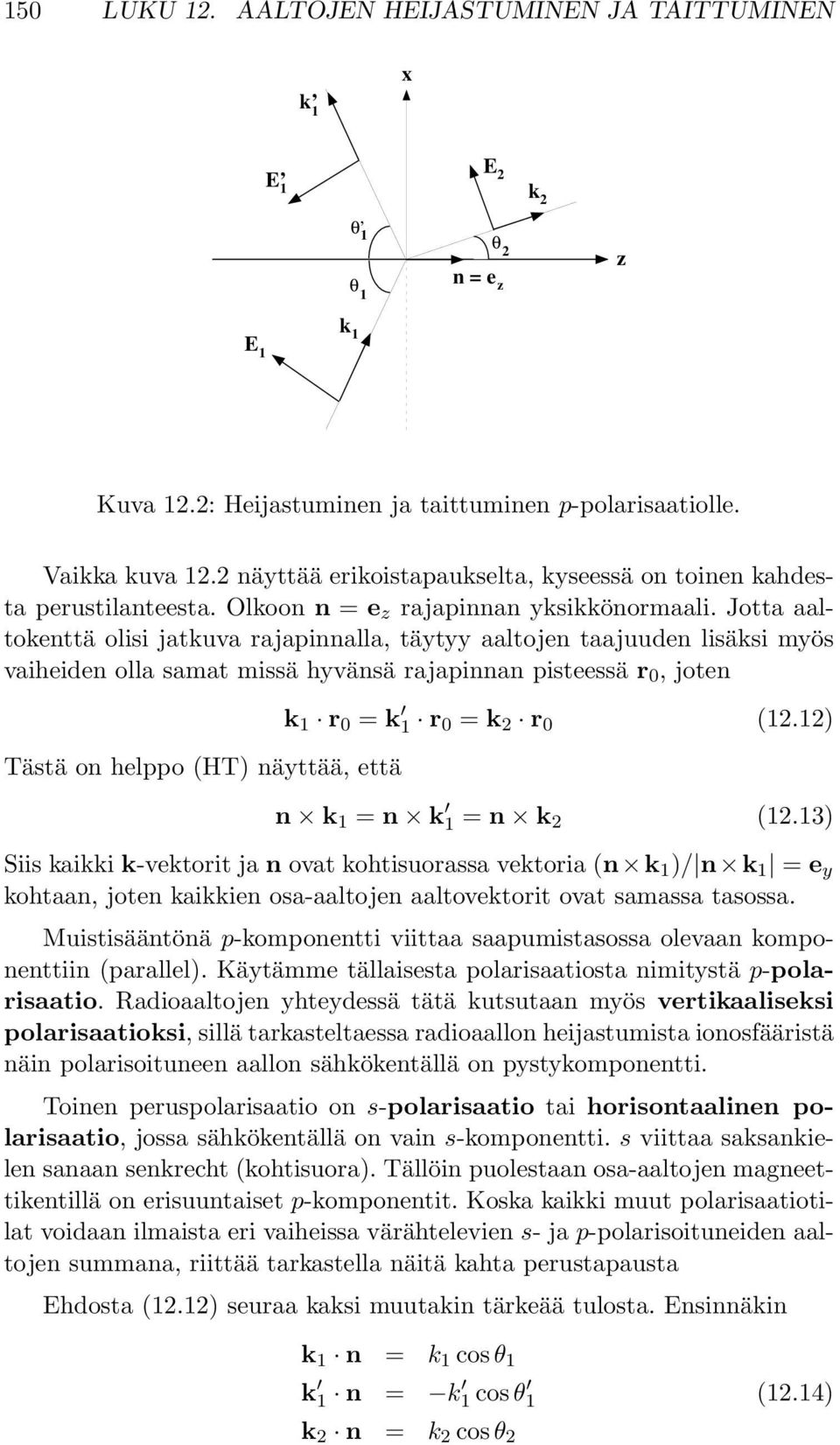 Jotta aaltokenttä olisi jatkuva rajapinnalla, täytyy aaltojen taajuuden lisäksi myös vaiheiden olla samat missä hyvänsä rajapinnan pisteessä r 0, joten Tästä on helppo (HT) näyttää, että k 1 r 0 = k