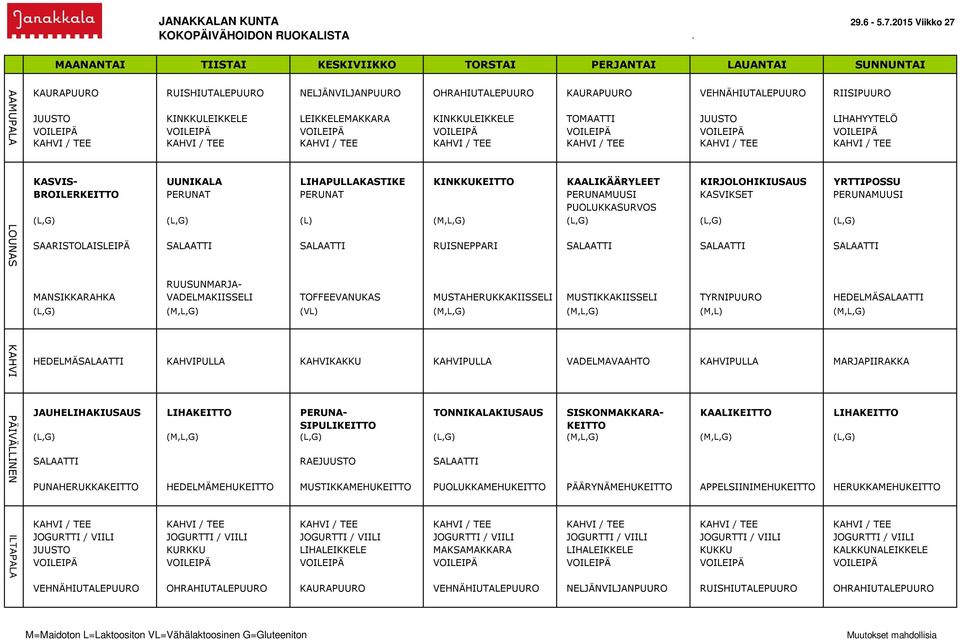 KIRJOLOHIKIUSAUS YRTTIPOSSU BROILERKEITTO PERUNAT PERUNAT PERUNAMUUSI KASVIKSET PERUNAMUUSI PUOLUKKASURVOS (L,G) (L,G) (L) (M,L,G) (L,G) (L,G) (L,G) SAARISTOLAISLEIPÄ SALAATTI SALAATTI RUISNEPPARI