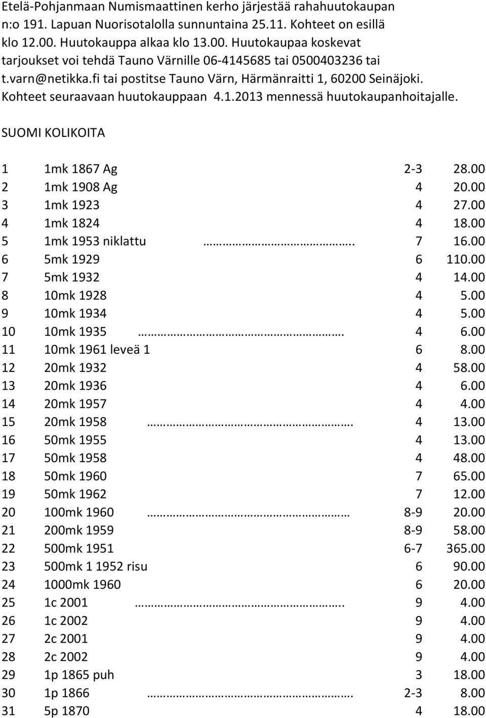 Kohteet seuraavaan huutokauppaan 4.1.2013 mennessä huutokaupanhoitajalle. SUOMI KOLIKOITA 1 1mk 1867 Ag 2-3 28.00 2 1mk 1908 Ag 4 20.00 3 1mk 1923 4 27.00 4 1mk 1824 4 18.00 5 1mk 1953 niklattu.. 7 16.