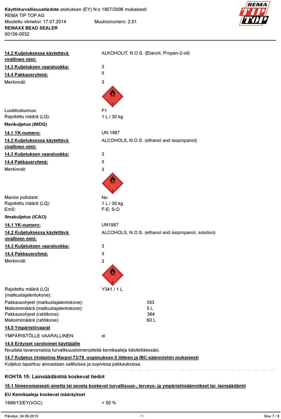 4 Pakkausryhmä: Merkinnät: ALCOHOLS, N.O.S. (ethanol and isopropanol) II Marine pollutant: Rajoitettu määrä (LQ): EmS: Ilmakuljetus (ICAO) No 1 L / 0 kg F-E; S-D 14.1 YK-numero: UN1987 14.