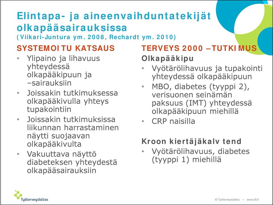 tutkimuksissa liikunnan harrastaminen näytti suojaavan olkapääkivulta Vakuuttava näyttö diabeteksen yhteydestä olkapääsairauksiin TERVEYS 2000 TUTKIMUS