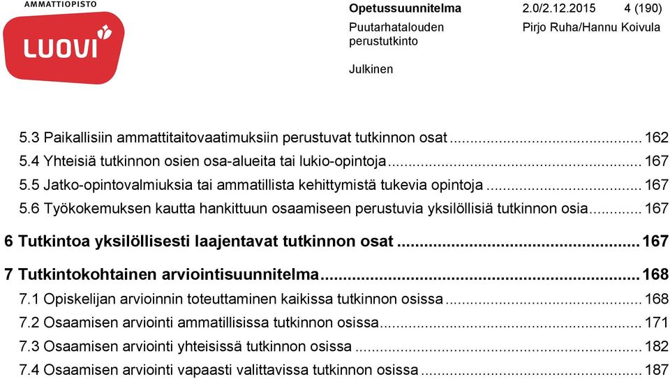 .. 167 6 Tutkintoa yksilöllisesti laajentavat tutkinnon osat... 167 7 Tutkintokohtainen arviointisuunnitelma... 168 7.1 Opiskelijan arvioinnin toteuttaminen kaikissa tutkinnon osissa.