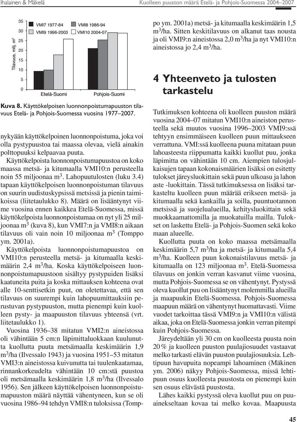 4 Yhteenveto ja tulosten tarkastelu Kuva 8. Käyttökelpoisen luonnonpoistumapuuston tilavuus Etelä- ja Pohjois-Suomessa vuosina 1977 27.