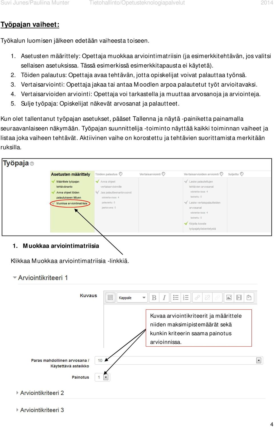 Vertaisarviointi: Opettaja jakaa tai antaa Moodlen arpoa palautetut työt arvioitavaksi. 4. Vertaisarvioiden arviointi: Opettaja voi tarkastella ja muuttaa arvosanoja ja arviointeja. 5.