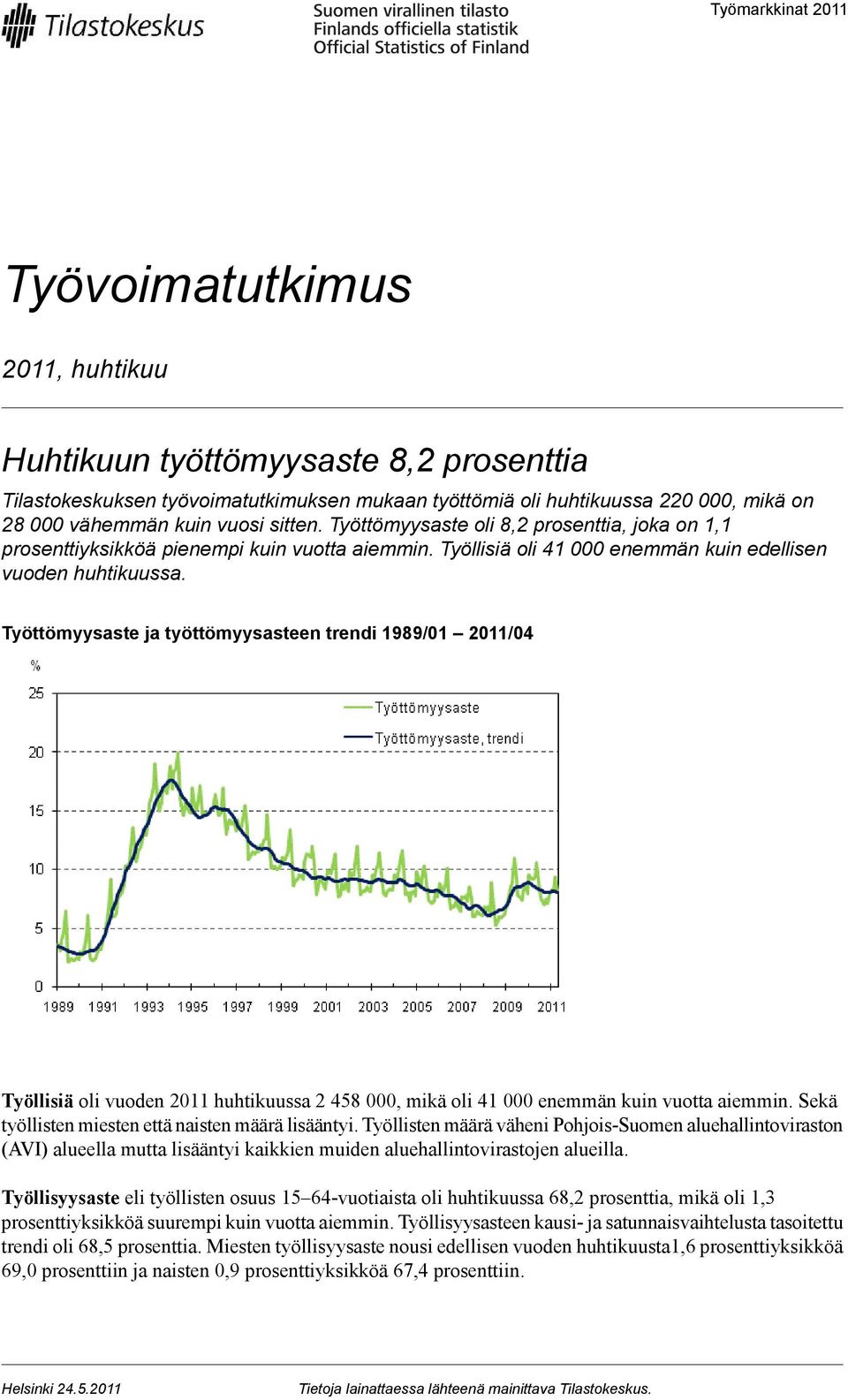 Työttömyysaste ja työttömyysasteen trendi 1989/01 Työllisiä oli vuoden 2011 huhtikuussa 2 458 000, mikä oli 41 000 enemmän kuin vuotta aiemmin. Sekä työllisten miesten että naisten määrä lisääntyi.