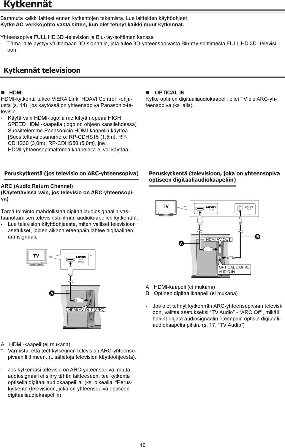 Kytkennät televisioon HDMI HDMI-kytkentä tukee VIERA Link HDAVI Control -ohjausta (s. 14), jos käytössä on yhteensopiva Panasonic-televisio.