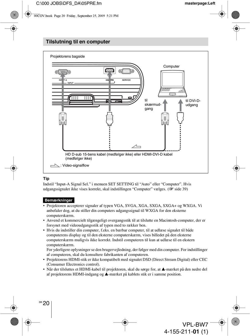 eller HDMI-DVI-D kabel (medfølger ikke) : Video-signalflow Tip Indstil Input-A Signal Sel. i menuen SET SETTING til Auto eller Computer.