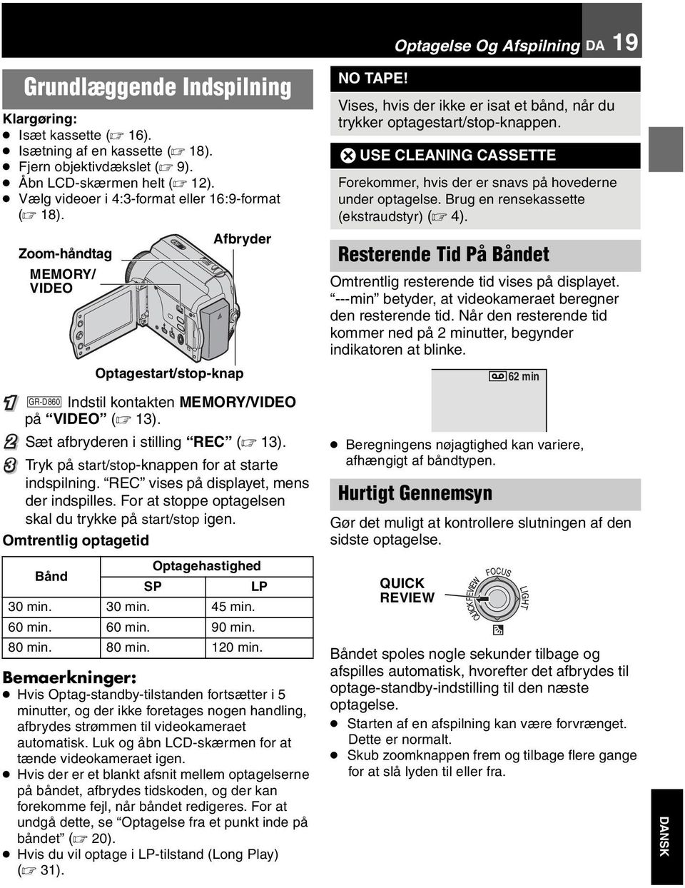 3 Tryk på start/stop-knappen for at starte indspilning. REC vises på displayet, mens der indspilles. For at stoppe optagelsen skal du trykke på start/stop igen.