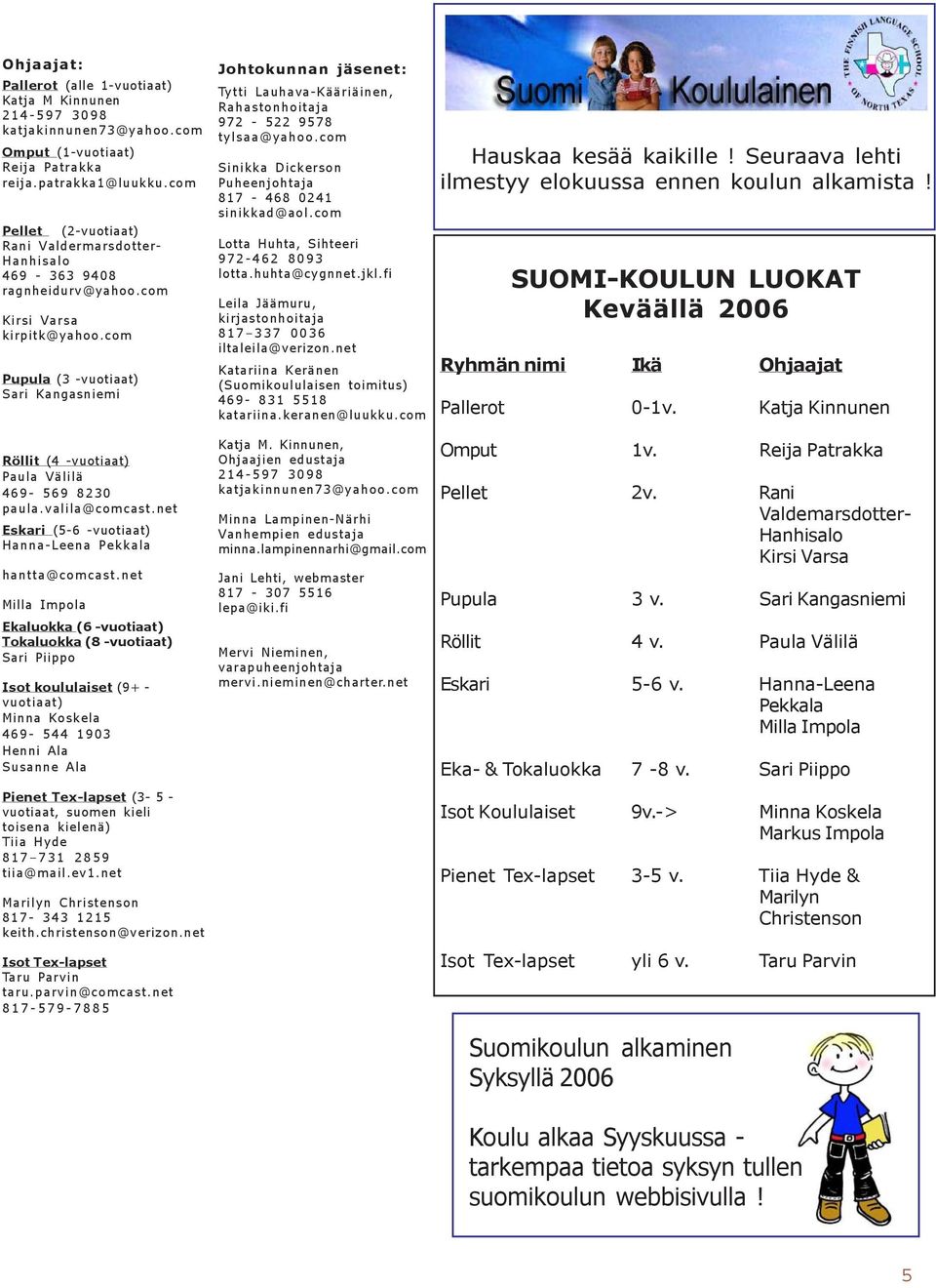 com Pupula (3 -vuotiaat) Sari Kangasniemi Johtokunnan jäsenet: Tytti Lauhava-Kääriäinen, Rahastonhoitaja 972-522 9578 tylsaa@yahoo.com Sinikka Dickerson Puheenjohtaja 817-468 0241 sinikkad@aol.