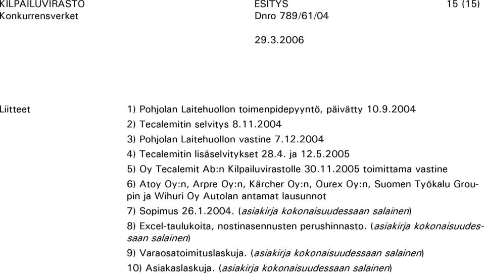 2005 toimittama vastine 6) Atoy Oy:n, Arpre Oy:n, Kärcher Oy:n, Ourex Oy:n, Suomen Työkalu Groupin ja Wihuri Oy Autolan antamat lausunnot 7) Sopimus 26.1.2004.