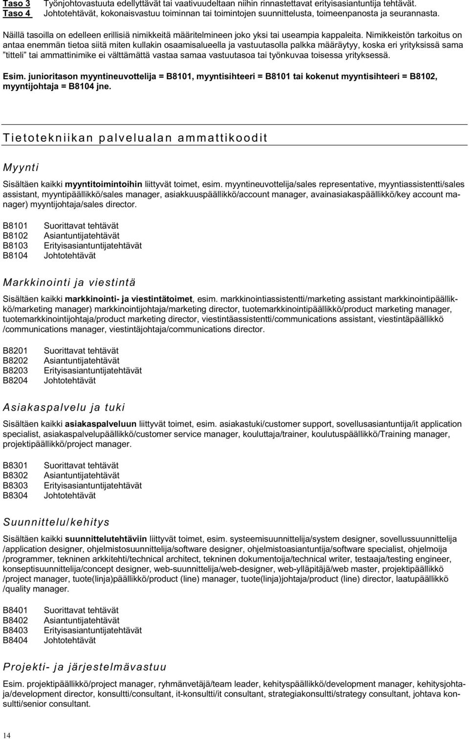 Nimikkeistön tarkoitus on antaa enemmän tietoa siitä miten kullakin osaamisalueella ja vastuutasolla palkka määräytyy, koska eri yrityksissä sama titteli tai ammattinimike ei välttämättä vastaa samaa