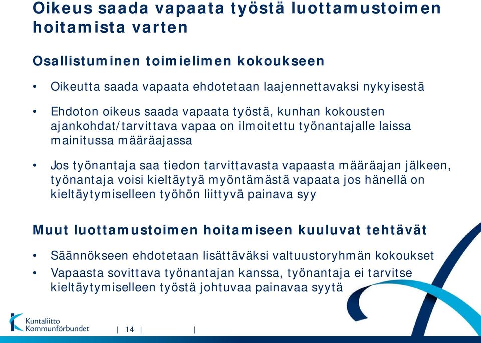 määräajan jälkeen, työnantaja voisi kieltäytyä myöntämästä vapaata jos hänellä on kieltäytymiselleen työhön liittyvä painava syy Muut luottamustoimen hoitamiseen kuuluvat