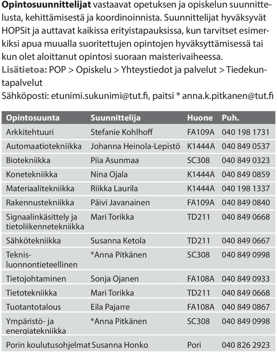 maisterivaiheessa. Lisätietoa: POP > Opiskelu > Yhteystiedot ja palvelut > Tiedekuntapalvelut Sähköposti: etunimi.sukunimi@tut.fi, paitsi * anna.k.pitkanen@tut.fi Opintosuunta Suunnittelija Huone Puh.