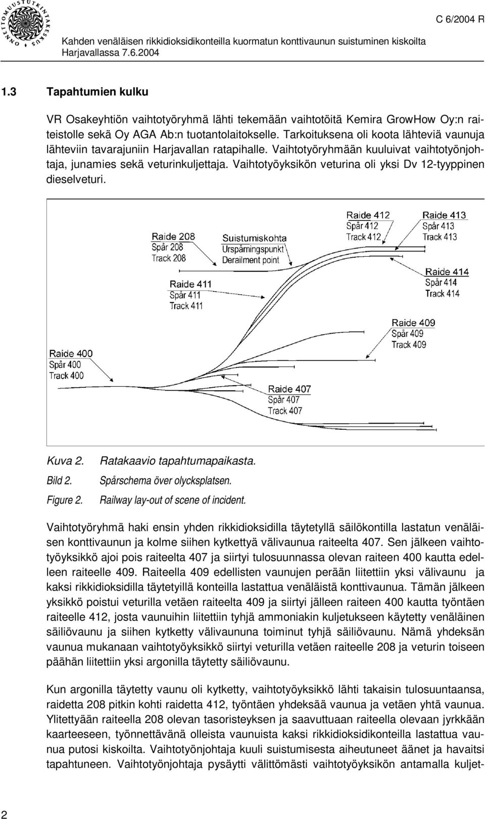 Vaihtotyöyksikön veturina oli yksi Dv 12-tyyppinen dieselveturi. Kuva 2. Bild 2. Figure 2. Ratakaavio tapahtumapaikasta. Spårschema över olycksplatsen. Railway lay-out of scene of incident.