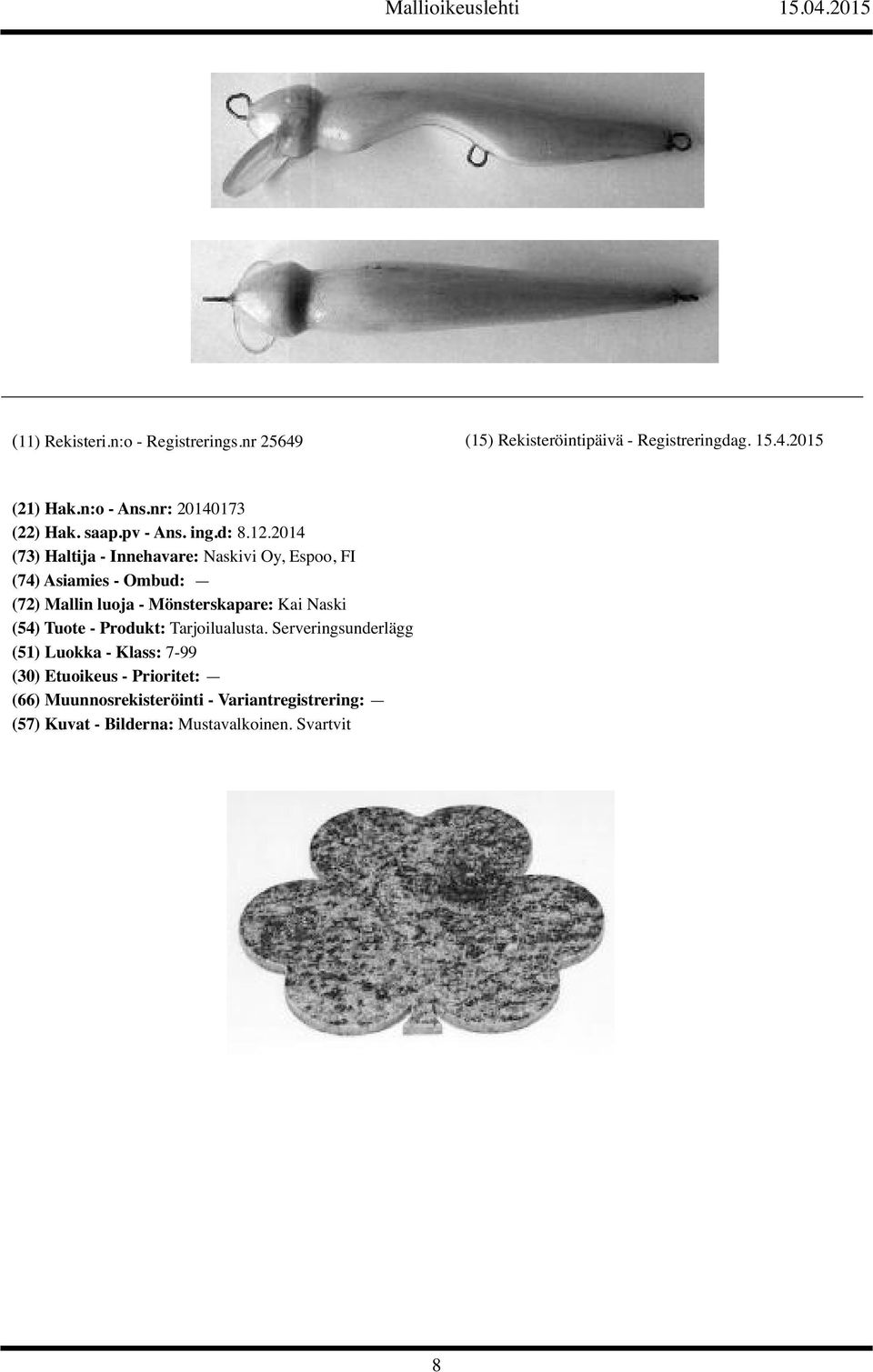 2014 (73) Haltija - Innehavare: Naskivi Oy, Espoo, FI (72) Mallin luoja -