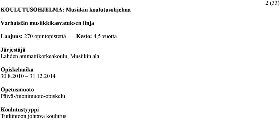 Järjestäjä Lahden ammattikorkeakoulu, Musiikin ala Opiskeluaika 0.8.