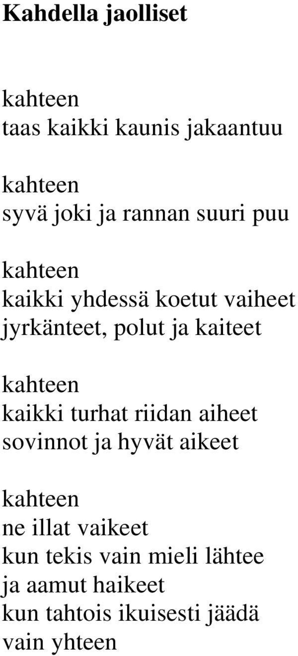 kaikki turhat riidan aiheet sovinnot ja hyvät aikeet ne illat vaikeet