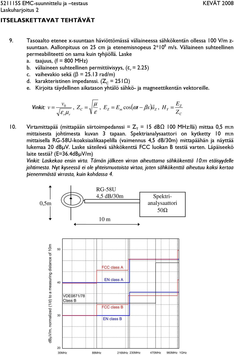 kaakteistinen impedanssi. ( = 251Ω) e. Kijoita täydellinen aikatason yhtälö sähkö- ja magneettikentän vektoeille. Vinkit: v0 v =, ε µ µ =, E = E m cos ( ωt βx) a, ε E H Y = 10.