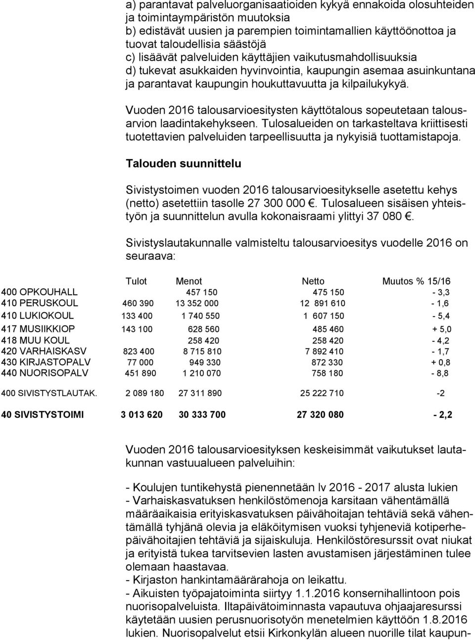 Vuoden 2016 talousarvioesitysten käyttötalous sopeutetaan ta lousar vion laadintakehykseen.